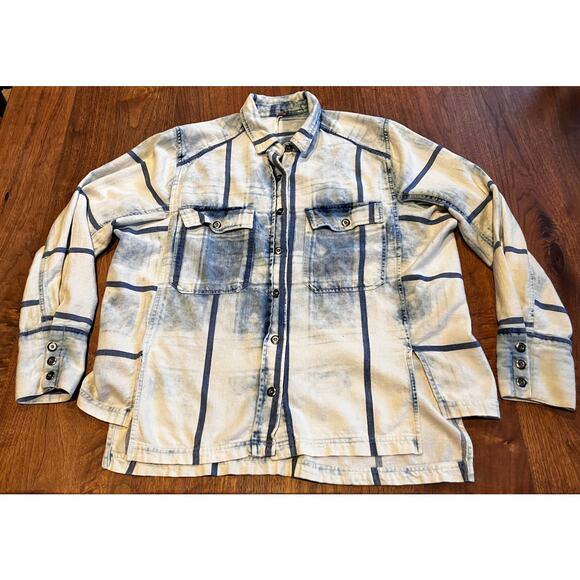 Free People Plaid Button Down Shirt Blue Tan Distressed Wash M Medium Boho - Picture 1 of 10
